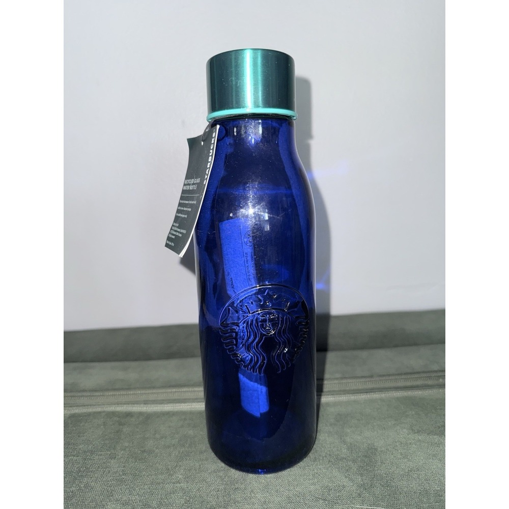 NOSWT-Starbucks‎ Recycled Glass Blue Embossed Siren Water Bottle 20 Fl Oz